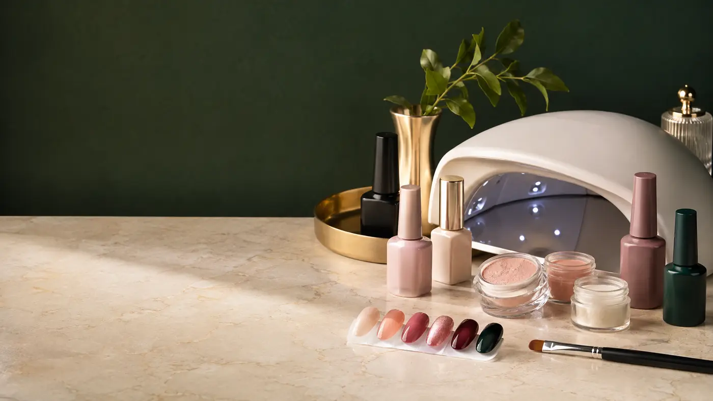 Professional gel polish, tools and nail supplies on an ivory counter